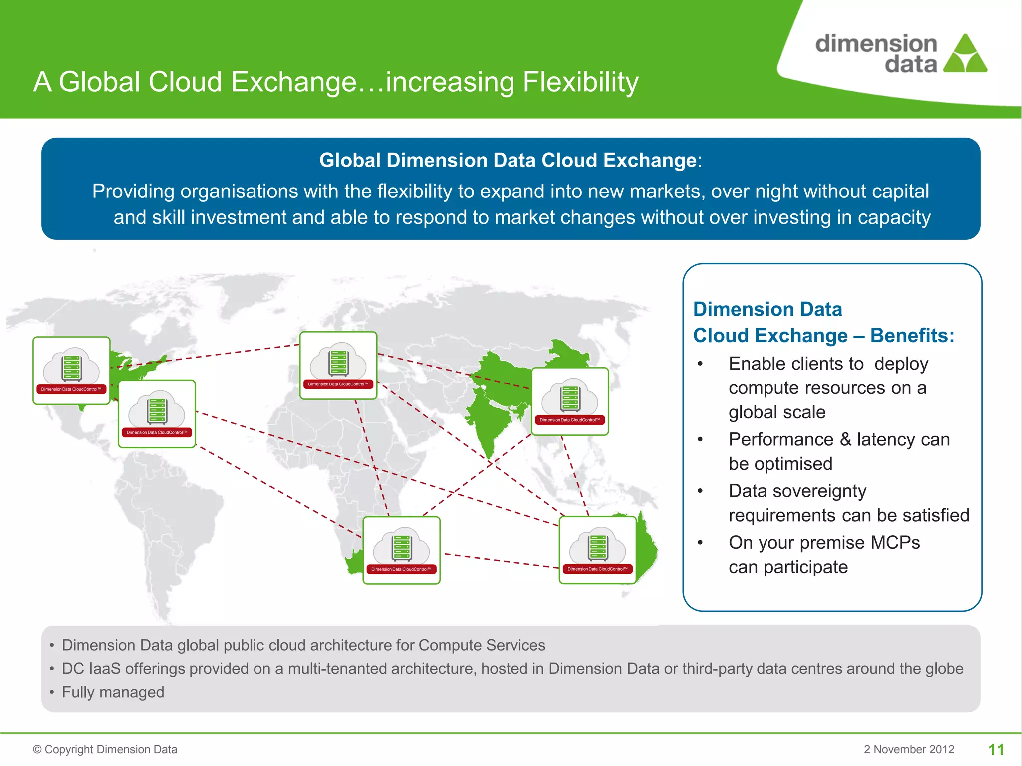 A Global Cloud Exchange…increasing Flexibility

                                                                     Global Dimension Data Cloud Exchange:
                        Providing organisations with the flexibility to expand into new markets, over night without capital
                          and skill investment and able to respond to market changes without over investing in capacity



                                                                                                                                                                            Dimension Data
                                                                        EU
                                USA                                                                                                                                         Cloud Exchange – Benefits:
                                                                                                                              Asia
                                                                                                                                                                            •   Enable clients to deploy
 Dimension Data CloudControl™
                                                                Dimension Data CloudControl™
                                                                                                                                                                                compute resources on a
                                                                                                                                 Dimension Data CloudControl™
                                                                                                                                                                                global scale
                                 Dimension Data CloudControl™

                                                                                                                                                                            •   Performance & latency can
                                                                                                                                                                                be optimised
                                                                                                                                                                            •   Data sovereignty
                                                                                                                                                                                requirements can be satisfied
                                                                                                                                                                            •   On your premise MCPs
                                                                                               Dimension Data CloudControl™                  Dimension Data CloudControl™
                                                                                                                                                                                can participate
                                                                  MEA
                                                                                                                                            Australia


    • Dimension Data global public cloud architecture for Compute Services
    • DC IaaS offerings provided on a multi-tenanted architecture, hosted in Dimension Data or third-party data centres around the globe
    • Fully managed


© Copyright Dimension Data                                                                                                                                                                      2 November 2012   11
 