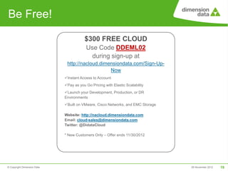 Be Free!

                                        $300 FREE CLOUD
                                         Use Code DDEML02
                                           during sign-up at
                              http://nacloud.dimensiondata.com/Sign-Up-
                                                 Now
                             Instant Access to Account
                             Pay as you Go Pricing with Elastic Scalability
                             Launch your Development, Production, or DR
                             Environments
                             Built on VMware, Cisco Networks, and EMC Storage

                             Website: http://nacloud.dimensiondata.com
                             Email: cloud-sales@dimensiondata.com
                             Twitter: @DidataCloud

                             * New Customers Only – Offer ends 11/30/2012




© Copyright Dimension Data                                                       29 November 2012   19
 
