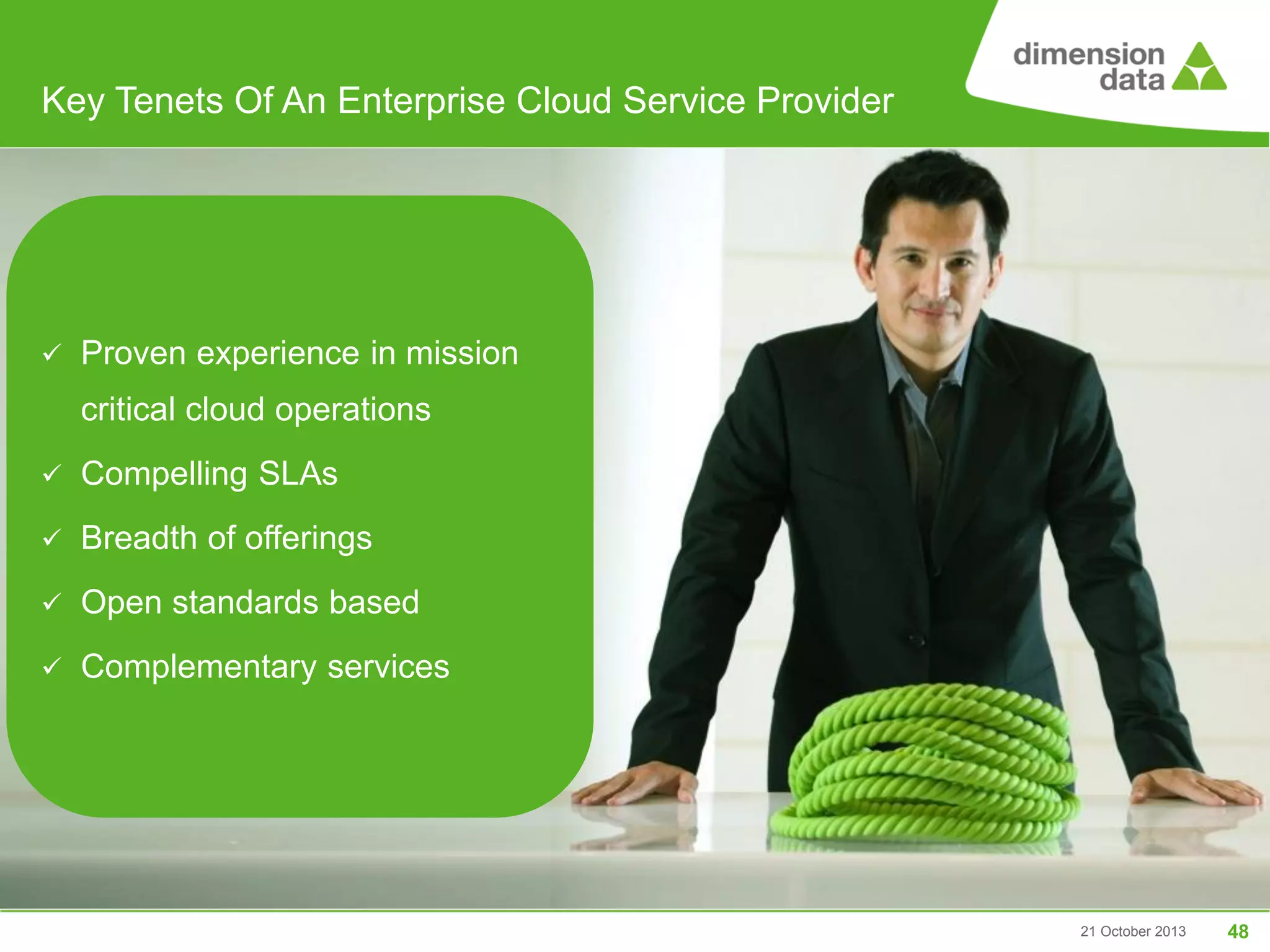 Key Tenets Of An Enterprise Cloud Service Provider



Proven experience in mission

critical cloud operations


Compelling SLAs



Breadth of offerings



Open standards based



Complementary services

21 October 2013

48

 