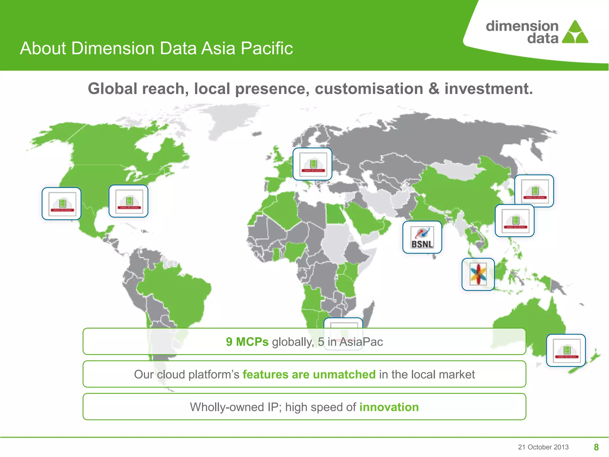 About Dimension Data Asia Pacific
Global reach, local presence, customisation & investment.

9 MCPs globally, 5 in AsiaPac
Our cloud platform’s features are unmatched in the local market
Wholly-owned IP; high speed of innovation

21 October 2013

8

 