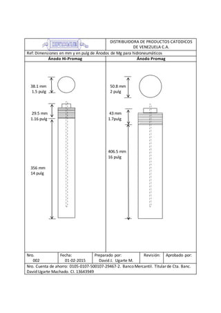 DISTRIBUIDORA DE PRODUCTOS CATODICOS
DE VENEZUELA C.A.
Ref: Dimensiones en mm y en pulg de Ánodos de Mg para hidroneumáticos
Ánodo Hi-Promag Ánodo Promag
38.1 mm
1.5 pulg
29.5 mm
1.16 pulg
356 mm
14 pulg
50.8 mm
2 pulg
43 mm
1.7pulg
406.5 mm
16 pulg
Nro.
002
Fecha:
01-02-2015
Preparado por:
David J. Ugarte M.
Revisión: Aprobado por:
Nro. Cuenta de ahorro: 0105-0107-500107-29467-2. Banco Mercantil. Titular de Cta. Banc.
David Ugarte Machado. CI. 13643949
 