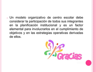 o Un modelo organizativo de centro escolar debe 
considerar la participación de todos sus integrantes 
en la planificación institucional y es un factor 
elemental para involucrarlos en el cumplimiento de 
objetivos y en las estrategias operativas derivadas 
de ellos. 
