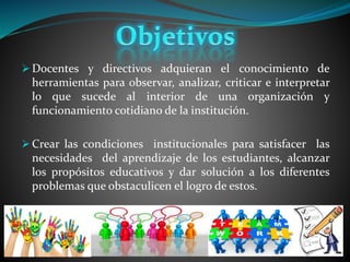  Docentes y directivos adquieran el conocimiento de
herramientas para observar, analizar, criticar e interpretar
lo que sucede al interior de una organización y
funcionamiento cotidiano de la institución.
 Crear las condiciones institucionales para satisfacer las
necesidades del aprendizaje de los estudiantes, alcanzar
los propósitos educativos y dar solución a los diferentes
problemas que obstaculicen el logro de estos.
 