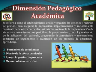 Se refiere a cómo el establecimiento decide y organiza las acciones y recursos
de gestión, para asegurar la adecuación, implementación y mejoramiento
constante de la oferta curricular; así mismo, contempla la implementación de
sistemas y mecanismos que posibiliten la programación ,control y evaluación
de la aplicación del currículo, asegurando la apropiación y mejoramiento
constante de seguimiento y evaluación de los procesos de enseñanza-
aprendizaje.
 Formación de estudiantes
 Diseño de la oferta curricular
 Apoyar la gestión de procesos
 Mejorar oferta curricular
 