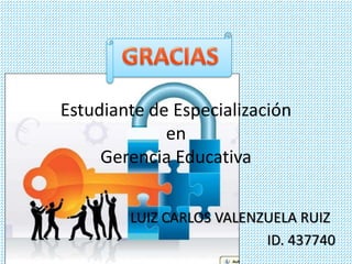 Estudiante de Especialización 
en 
Gerencia Educativa 
LUIZ CARLOS VALENZUELA RUIZ 
ID. 437740 
