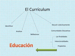 El Currículum 
Identificar 
Analizar 
Reflexionar 
Discutir colectivamente 
Comunidades Educativas 
Las finalidades 
Intencionalidades 
Propósitos 
 