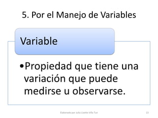 5. Por el Manejo de Variables

Variable

•Propiedad que tiene una
 variación que puede
 medirse u observarse.
           Elaborado por Julia Lizette Villa Tun   13
 