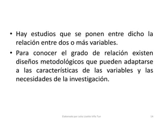 • Hay estudios que se ponen entre dicho la
  relación entre dos o más variables.
• Para conocer el grado de relación existen
  diseños metodológicos que pueden adaptarse
  a las características de las variables y las
  necesidades de la investigación.



                Elaborado por Julia Lizette Villa Tun   14
 