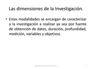 Las dimensiones de la Investigación.
• Estas modalidades se encargan de caracterizar
  a la investigación a realizar ya sea por fuente
  de obtención de datos, duración, profundidad,
  medición, variables y objetivos.




                 Elaborado por Julia Lizette Villa Tun   4
 