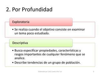 2. Por Profundidad
  Exploratoria

  • Se realiza cuando el objetivo consiste en examinar
    un tema poco estudiado.

  Descriptiva

  • Busca especificar propiedades, características y
    rasgos importantes de cualquier fenómeno que se
    analice.
  • Describe tendencias de un grupo de población.

                    Elaborado por Julia Lizette Villa Tun   6
 