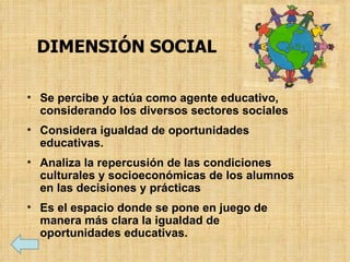 DIMENSIÓN SOCIAL
• Se percibe y actúa como agente educativo,
considerando los diversos sectores sociales
• Considera igualdad de oportunidades
educativas.
• Analiza la repercusión de las condiciones
culturales y socioeconómicas de los alumnos
en las decisiones y prácticas
• Es el espacio donde se pone en juego de
manera más clara la igualdad de
oportunidades educativas.
 