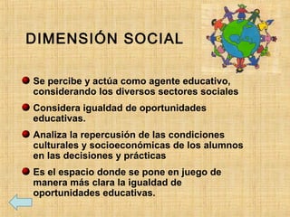 DIMENSIÓN SOCIAL
Se percibe y actúa como agente educativo,
considerando los diversos sectores sociales
Considera igualdad de oportunidades
educativas.
Analiza la repercusión de las condiciones
culturales y socioeconómicas de los alumnos
en las decisiones y prácticas
Es el espacio donde se pone en juego de
manera más clara la igualdad de
oportunidades educativas.
 