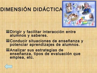 DIMENSIÓN DIDÁCTICA
Dirigir y facilitar interacción entre
alumnos y saberes.
Conducir situaciones de enseñanza y
potenciar aprendizajes de alumnos.
Analizar sus estrategias de
enseñanza, tipos de evaluación que
emplea, etc.
 