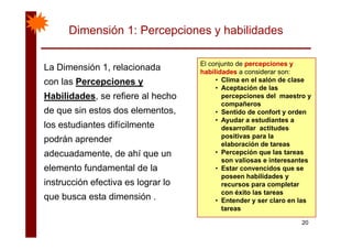 Dimensión 1: Percepciones y habilidades
La Dimensión 1 relacionada El conjunto de percepciones ypercepciones y
La Dimensión 1, relacionada
con las Percepciones y
Habilidades se refiere al hecho
habilidadeshabilidades a considerar son:
• Clima en el salón de clase
• Aceptación de las
percepciones del maestro yHabilidades, se refiere al hecho
de que sin estos dos elementos,
los estudiantes difícilmente
percepciones del maestro y
compañeros
• Sentido de confort y orden
• Ayudar a estudiantes a
los estudiantes difícilmente
podrán aprender
adecuadamente de ahí que un
desarrollar actitudes
positivas para la
elaboración de tareas
• Percepción que las tareasadecuadamente, de ahí que un
elemento fundamental de la
instrucción efectiva es lograr lo
• Percepción que las tareas
son valiosas e interesantes
• Estar convencidos que se
poseen habilidades y
instrucción efectiva es lograr lo
que busca esta dimensión .
recursos para completar
con éxito las tareas
• Entender y ser claro en las
tareas
20
tareas
 