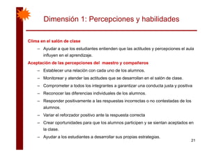 Dimensión 1: Percepciones y habilidades
Clima en el salón de claseClima en el salón de clase
– Ayudar a que los estudiantes entienden que las actitudes y percepciones el aula
influyen en el aprendizaje.
Aceptación de las percepciones del maestro y compañerosAceptación de las percepciones del maestro y compañeros
– Establecer una relación con cada uno de los alumnos.
– Monitorear y atender las actitudes que se desarrollan en el salón de clase– Monitorear y atender las actitudes que se desarrollan en el salón de clase.
– Comprometer a todos los integrantes a garantizar una conducta justa y positiva
– Reconocer las diferencias individuales de los alumnos.
– Responder positivamente a las respuestas incorrectas o no contestadas de los
alumnos.
V i l f d iti t l t t– Variar el reforzador positivo ante la respuesta correcta
– Crear oportunidades para que los alumnos participen y se sientan aceptados en
la clase.
21
– Ayudar a los estudiantes a desarrollar sus propias estrategias.
 