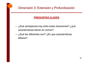 Dimensión 3: Extensión y Profundización
PREGUNTAS CLAVESPREGUNTAS CLAVESPREGUNTAS CLAVESPREGUNTAS CLAVES
– ¿Qué semejanzas hay entre estas situaciones? ¿qué
características tienen en común?
– ¿Qué tan diferentes son? ¿En que características
difieren?
36
 