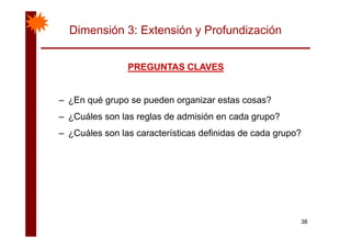 Dimensión 3: Extensión y Profundización
PREGUNTAS CLAVESPREGUNTAS CLAVESPREGUNTAS CLAVESPREGUNTAS CLAVES
– ¿En qué grupo se pueden organizar estas cosas?
– ¿Cuáles son las reglas de admisión en cada grupo?
– ¿Cuáles son las características definidas de cada grupo?
38
 