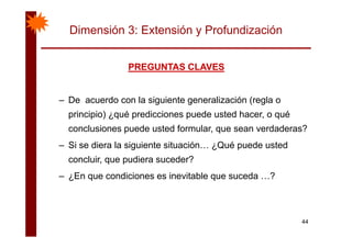 Dimensión 3: Extensión y Profundización
PREGUNTAS CLAVESPREGUNTAS CLAVESPREGUNTAS CLAVESPREGUNTAS CLAVES
– De acuerdo con la siguiente generalización (regla o
principio) ¿qué predicciones puede usted hacer, o qué
conclusiones puede usted formular, que sean verdaderas?
– Si se diera la siguiente situación… ¿Qué puede usted
concluir, que pudiera suceder?
– ¿En que condiciones es inevitable que suceda …?¿ q q
44
 