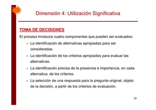 Dimensión 4: Utilización Significativa
TOMA DE DECISIONESTOMA DE DECISIONESTOMA DE DECISIONESTOMA DE DECISIONES
El proceso involucra cuatro componentes que pueden ser evaluados:
L id tifi ió d lt ti i d– La identificación de alternativas apropiadas para ser
consideradas.
La identificación de los criterios apropiados para e al ar las– La identificación de los criterios apropiados para evaluar las
alternativas.
La identificación precisa de la presencia e importancia en cada– La identificación precisa de la presencia e importancia, en cada
alternativa, de los criterios.
La selección de una respuesta para la pregunta original objeto– La selección de una respuesta para la pregunta original, objeto
de la decisión, a partir de los criterios de evaluación.
54
 
