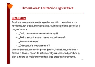 Dimensión 4: Utilización Significativa
INVENCIÓNINVENCIÓNINVENCIÓNINVENCIÓN
Es el proceso de creación de algo desconocido que satisface una
necesidad En efecto se inventa algo cuando se intenta contestar anecesidad. En efecto, se inventa algo, cuando se intenta contestar a
preguntas como:
– ¿Qué cosas nuevas se necesitan aquí?– ¿Qué cosas nuevas se necesitan aquí?
– ¿Podría encontrarse un nuevo procedimiento?
¿Será éste el mejor?– ¿Será éste el mejor?
– ¿Cómo podría mejorarse esto?
En este proceso, no existen por lo general, obstáculos, sino que el
énfasis lo tiene el hecho de satisfacer alguna necesidad percibida o
bien el hecho de mejorar o modificar algo creado anteriormente
57
bien el hecho de mejorar o modificar algo creado anteriormente.
 