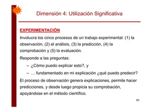 Dimensión 4: Utilización Significativa
EXPERIMENTACIÓNEXPERIMENTACIÓNEXPERIMENTACIÓNEXPERIMENTACIÓN
Involucra los cinco procesos de un trabajo experimental: (1) la
b ió (2) l áli i (3) l di ió (4) lobservación, (2) el análisis, (3) la predicción, (4) la
comprobación y (5) la evaluación.
Responde a las preguntas:
– ¿Cómo puedo explicar esto?, y
– … fundamentado en mi explicación ¿qué puedo predecir?
El proceso de observación genera explicaciones permite hacerEl proceso de observación genera explicaciones, permite hacer
predicciones, y desde luego propicia su comprobación,
apoyándose en el método científico
60
apoyándose en el método científico.
 