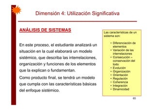 Dimensión 4: Utilización Significativa
ANÁLISIS DE SISTEMASANÁLISIS DE SISTEMASANÁLISIS DE SISTEMASANÁLISIS DE SISTEMAS Las características de un
sistema son:
Diferenciación de
En este proceso, el estudiante analizará un
situación en la cual elaborará un modelo
• Diferenciación de
elementos
• Variación de las
interrelaciones
sistémico, que describa las interrelaciones,
organización y funciones de los elementos
• Consecución –
conservación del
todo
• Evolución
que la explican o fundamentan.
Como producto final, se tendrá un modelo
• Evolución
• Organización
• Orientación
• Regulación
que cumpla con las características básicas
del enfoque sistémico.
g
• Coherencia
• Integración
• Dinamicidad
65
q
 