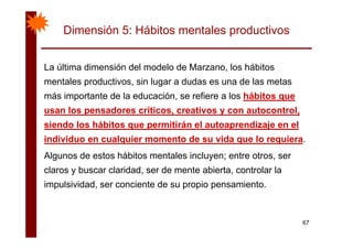 Dimensión 5: Hábitos mentales productivos
La última dimensión del modelo de Marzano los hábitosLa última dimensión del modelo de Marzano, los hábitos
mentales productivos, sin lugar a dudas es una de las metas
más importante de la educación se refiere a los hábitos quemás importante de la educación, se refiere a los hábitos que
usan los pensadores críticos, creativos y con autocontrol,
siendo los hábitos que permitirán el autoaprendizaje en elsiendo los hábitos que permitirán el autoaprendizaje en el
individuo en cualquier momento de su vida que lo requiera.
Al d t hábit t l i l t tAlgunos de estos hábitos mentales incluyen; entre otros, ser
claros y buscar claridad, ser de mente abierta, controlar la
i l i id d i d i iimpulsividad, ser conciente de su propio pensamiento.
67
 