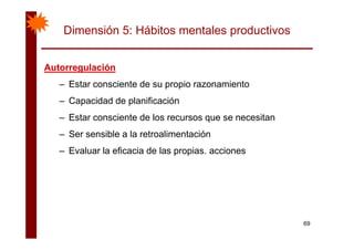 Dimensión 5: Hábitos mentales productivos
AutorregulaciónAutorregulaciónAutorregulaciónAutorregulación
– Estar consciente de su propio razonamiento
– Capacidad de planificación
– Estar consciente de los recursos que se necesitan
– Ser sensible a la retroalimentación
– Evaluar la eficacia de las propias. accionesEvaluar la eficacia de las propias. acciones
69
 