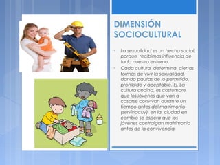 DIMENSIÓN
SOCIOCULTURAL
• La sexualidad es un hecho social,
porque recibimos influencia de
todo nuestro entorno.
• Cada cultura determina ciertas
formas de vivir la sexualidad,
dando pautas de lo permitido,
prohibido y aceptable. Ej. La
cultura andina, es costumbre
que los jóvenes que van a
casarse convivan durante un
tiempo antes del matrimonio
(servinacuy), en la ciudad en
cambio se espera que los
jóvenes contraigan matrimonio
antes de la convivencia.
 