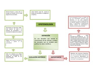 EPISTEMOLOGÍA
DEFINICIÓN
Es una disciplina que estudia el
conocimiento de las ciencias y analiza
los preceptos que se emplean para
justificar los datos científicos.
Tiene sus orígenes en la antigua
Grecia. Los conocimientos eran
alcanzados por medio de una
rigurosa reflexión.
James Federick, siglo XXI, aborda las
teorías del conocimiento, la inteligencia y
lo filosófico.
Platón, quien oponía el concepto de
creencia u opinión al de
conocimiento.
EVOLUCIÓN HISTÓRICA IMPORTANCIA
Mantiene dos posturas: Empirista,
dice que el conocimiento debe basarse
en la experiencia. Racionalista, que
sostiene que la fuente del conocimiento
es la razón, no la experiencia.
Renacimiento por Descartes, Galileo,
Kant, New ton. Se debió a la
aparición del conocimiento y la
necesidad de validad dichos saberes.
Bertrand Russell y Ludw ig (XX), se
encargo del estudio de las formas
lógicas de los enunciados
Se puede saber
qué clase de conocimiento es el que
conforma cada una de las ciencias, que
conocimientos existen acerca de un mismo
objeto o realidad cuándo estamos frente a
un conocimiento filosófico, social, cultural,
técnico y, cuándo un método es válido, lo
que permite determinar cuál es el saber
propio de cada disciplina.
Es la encargada de hacer un análisis del
uso del razonamiento deductivo para
determinar si se está empleando
correctamente el criterio de objetividad que
es realizado mediante la contrastación de
lógica y falsacionismo, estableciéndose
distintos métodos de comprobación o
refutación de las teorías allí vertidas.
 