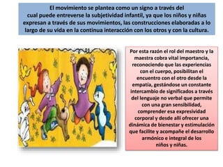 El movimiento se plantea como un signo a través del
cual puede entreverse la subjetividad infantil, ya que los niños y niñas
expresan a través de sus movimientos, las construcciones elaboradas a lo
largo de su vida en la continua interacción con los otros y con la cultura.
Por esta razón el rol del maestro y la
maestra cobra vital importancia,
reconociendo que las experiencias
con el cuerpo, posibilitan el
encuentro con el otro desde la
empatía, gestándose un constante
intercambio de significados a través
del lenguaje no verbal que permite
con una gran sensibilidad,
comprender esa expresividad
corporal y desde allí ofrecer una
dinámica de bienestar y estimulación
que facilite y acompañe el desarrollo
armónico e integral de los
niños y niñas.
 