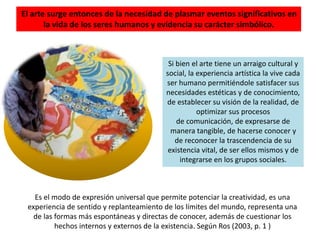 Es el modo de expresión universal que permite potenciar la creatividad, es una
experiencia de sentido y replanteamiento de los límites del mundo, representa una
de las formas más espontáneas y directas de conocer, además de cuestionar los
hechos internos y externos de la existencia. Según Ros (2003, p. 1 )
El arte surge entonces de la necesidad de plasmar eventos significativos en
la vida de los seres humanos y evidencia su carácter simbólico.
Si bien el arte tiene un arraigo cultural y
social, la experiencia artística la vive cada
ser humano permitiéndole satisfacer sus
necesidades estéticas y de conocimiento,
de establecer su visión de la realidad, de
optimizar sus procesos
de comunicación, de expresarse de
manera tangible, de hacerse conocer y
de reconocer la trascendencia de su
existencia vital, de ser ellos mismos y de
integrarse en los grupos sociales.
 