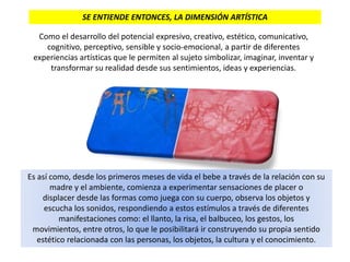 SE ENTIENDE ENTONCES, LA DIMENSIÓN ARTÍSTICA
Como el desarrollo del potencial expresivo, creativo, estético, comunicativo,
cognitivo, perceptivo, sensible y socio-emocional, a partir de diferentes
experiencias artísticas que le permiten al sujeto simbolizar, imaginar, inventar y
transformar su realidad desde sus sentimientos, ideas y experiencias.
Es así como, desde los primeros meses de vida el bebe a través de la relación con su
madre y el ambiente, comienza a experimentar sensaciones de placer o
displacer desde las formas como juega con su cuerpo, observa los objetos y
escucha los sonidos, respondiendo a estos estímulos a través de diferentes
manifestaciones como: el llanto, la risa, el balbuceo, los gestos, los
movimientos, entre otros, lo que le posibilitará ir construyendo su propia sentido
estético relacionada con las personas, los objetos, la cultura y el conocimiento.
 