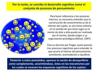 Por lo tanto, se concibe el desarrollo cognitivo como el
conjunto de procesos de pensamiento
Para hacer referencia a los procesos
internos, es necesario entender que la
construcción de conocimiento se da al
interior del sujeto, es una tarea solitaria
en el sentido de que tiene lugar en la
mente de éste y sólo puede ser realizada
por él mismo, dando origen a su
organización psicológica (Delval, 1997).
Ésta es descrita por Piaget, quien postula
tres procesos cognitivos para entender lo
que ocurre al interior del pensamiento:
asimilación, acomodación y equilibrio.
Posterior a estos postulados, aparece la noción de desequilibrio
como complemento, convirtiéndose, éstos en los mecanismos por
los cuales se mueven los esquemas cognitivos de los sujetos.
 