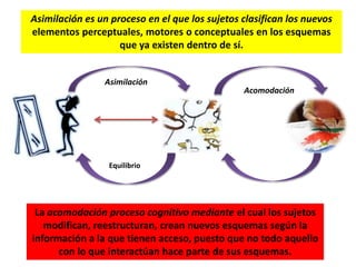 La acomodación proceso cognitivo mediante el cual los sujetos
modifican, reestructuran, crean nuevos esquemas según la
información a la que tienen acceso, puesto que no todo aquello
con lo que interactúan hace parte de sus esquemas.
Asimilación es un proceso en el que los sujetos clasifican los nuevos
elementos perceptuales, motores o conceptuales en los esquemas
que ya existen dentro de sí.
Asimilación
Acomodación
Equilibrio
 