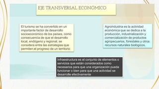 EJE TRANSVERSAL ECONÓMICO
El turismo se ha convertido en un
importante factor de desarrollo
socioeconómico de los países, como
consecuencia de que el desarrollo
local, endógeno y regional, se
considera entre las estrategias que
permiten el progreso de un territorio
Agroindustria es la actividad
económica que se dedica a la
producción, industrialización y
comercialización de productos
agropecuarios, forestales y otros
recursos naturales biológicos.
Infraestructura es el conjunto de elementos o
servicios que están considerados como
necesarios para que una organización pueda
funcionar o bien para que una actividad se
desarrolle efectivamente
 