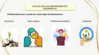 CUALES SON LAS DIMENSIONES DEL
DESARROLLO
El Desarrollo Local, cuenta con cuatro tipos de dimensiones
Económica Socio-cultural Político administrativa Ambiental
 