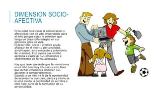 DIMENSION SOCIO-AFECTIVA 
En la edad preescolar la socialización y 
afectividad son de vital importancia para 
el niño porque estas le permiten que 
tenga un desarrollo integral en sus 
primeros años de vida. 
El desarrollo socio – afectivo ayuda 
afianzar en el niño su personalidad, 
autoimagen, auto concepto y autonomía 
de sí mismo. Esto ayuda que el niño 
aprenda a expresar sus emociones y 
sentimientos de forma adecuada. 
Hay que tener presente que las emociones 
en el niño son muy intensas y esto lleva 
que dichas emociones dominen sus 
acciones o comportamientos. 
Cuando a un niño se le da la oportunidad 
de expresar lo que cree, piensa y siente se 
le está dando la posibilidad de ser libre y 
esto hace parte de la formación de su 
personalidad. 
 