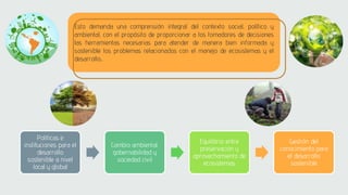 Esto demanda una comprensión integral del contexto social, político y
ambiental, con el propósito de proporcionar a los tomadores de decisiones
las herramientas necesarias para atender de manera bien informada y
sostenible los problemas relacionados con el manejo de ecosistemas y el
desarrollo.
Políticas e
instituciones para el
desarrollo
sostenible a nivel
local y global
Cambio ambiental,
gobernabilidad y
sociedad civil
Equilibrio entre
preservación y
aprovechamiento de
ecosistemas
Gestión del
conocimiento para
el desarrollo
sostenible
 