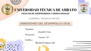 UNIVERSIDAD TÉCNICA DE AMBATO
Carrera: Trabajo social
FACULTAD DE JURISPRUDENCIA Y CIENCIA SOCIALES
Nombre:
Jennifer Cruz
Semestre:
Cuarto “A”
LCDA.:
Maribel Campoverde
 