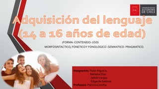 (FORMA- CONTENIDO- USO)
MORFOSINTACTICO, FONETICOY FONOLOGICO -SEMANTICO- PRAGMATICO.
Integrantes: Polet Higuera.
Bárbara Díaz
JafethVargas
Edgardo Saldivia
Profesora: Patricia Concha
 