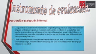 Descripción evaluación informal
• La siguiente evaluación informal tiene como propósito principal evaluar las 3 dimensiones del
lenguaje junto a sus respectivos niveles en adolescentes en edades de 14 a 16 años, para
aquello se constará de una ruleta que será el material evaluativo, la cual está dividida en 4
colores distintos, cada color constará de un archivo que nos llevará al nivel del lenguaje que
corresponde según el color.
• Con el fin de determinar si el sujeto a través de la evaluación, este se encuentra en una
condición de riesgo, impedimento en el lenguaje o si cada nivel del desarrollo del lenguaje
esta acorde a su edad.
 