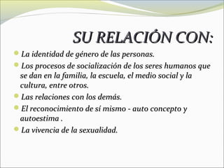 SU RELACIÓN CON:
La identidad de género de las personas.
Los procesos de socialización de los seres humanos que
 se dan en la familia, la escuela, el medio social y la
 cultura, entre otros.
Las relaciones con los demás.
El reconocimiento de sí mismo - auto concepto y
 autoestima .
La vivencia de la sexualidad.
 