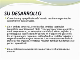 SU DESARROLLO
Conociendo y apropiándose del mundo mediante experiencias
  sensoriales y perceptuales.

En el ámbito sensorial, gracias a los sentidos vestibular
  (equilibrio, coordinación), táctil (conciencia corporal, atención),
  auditivo (memoria, procesamiento auditivo), visual, olfativo y
  propioceptivo (conciencia del cuerpo en el espacio) y gustativo,
  los seres humanos captan los estímulos de la realidad exterior y
  responden a ellos adaptativamente. Las sensaciones recibidas a
  través de los órganos receptores resultan también fundamentales
  para el aprendizaje.

En los intercambios culturales con otros seres humanos en el
  mundo.
 