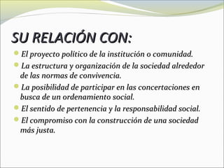 SU RELACIÓN CON:
El proyecto político de la institución o comunidad.
La estructura y organización de la sociedad alrededor
 de las normas de convivencia.
La posibilidad de participar en las concertaciones en
 busca de un ordenamiento social.
El sentido de pertenencia y la responsabilidad social.
El compromiso con la construcción de una sociedad
 más justa.
 