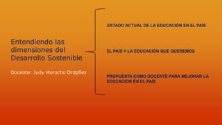 Entendiendo las
dimensiones del
Desarrollo Sostenible
Docente: Judy Morocho Ordpñez
ESTADO ACTUAL DE LA EDUCACIÓN EN EL PAÍS
EL PAÍS Y LA EDUCACIÓN QUE QUEREMOS
PROPUESTA COMO DOCENTE PARA MEJORAR LA
EDUCACION EN EL PAÍS
 