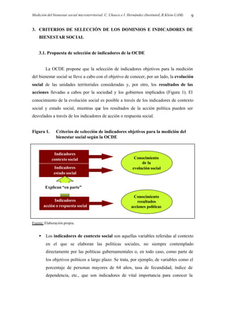 Medición del bienestar social microterritorial. C. Chasco e I. Hernández (InstitutoL.R.Klein-UAM) 9
3. CRITERIOS DE SELECCIÓN DE LOS DOMINIOS E INDICADORES DE
BIENESTAR SOCIAL
3.1. Propuesta de selección de indicadores de la OCDE
La OCDE propone que la selección de indicadores objetivos para la medición
del bienestar social se lleve a cabo con el objetivo de conocer, por un lado, la evolución
social de las unidades territoriales consideradas y, por otro, los resultados de las
acciones llevadas a cabos por la sociedad y los gobiernos implicados (Figura 1). El
conocimiento de la evolución social es posible a través de los indicadores de contexto
social y estado social, mientras que los resultados de la acción política pueden ser
desvelados a través de los indicadores de acción o respuesta social.
Figura 1. Criterios de selección de indicadores objetivos para la medición del
bienestar social según la OCDE
Fuente: Elaboración propia.
• Los indicadores de contexto social son aquellas variables referidas al contexto
en el que se elaboran las políticas sociales, no siempre contemplado
directamente por las políticas gubernamentales o, en todo caso, como parte de
los objetivos políticos a largo plazo. Se trata, por ejemplo, de variables como el
porcentaje de personas mayores de 64 años, tasa de fecundidad, índice de
dependencia, etc., que son indicadores de vital importancia para conocer la
Conocimiento
de la
evolución social
Conocimiento
resultados
acciones políticas
Indicadores
contexto social
Indicadores
estado social
Indicadores
acción o respuesta social
Explican “en parte”
 