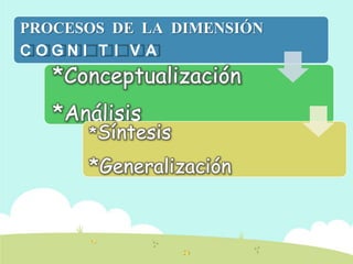 PROCESOS DE LA DIMENSIÓN
C O G N I T I V A
*Conceptualización
*Análisis
*Síntesis
*Generalización
 