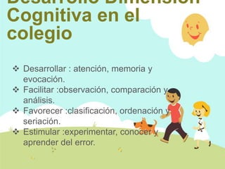 Desarrollo Dimensión
Cognitiva en el
colegio
 Desarrollar : atención, memoria y
evocación.
 Facilitar :observación, comparación y
análisis.
 Favorecer :clasificación, ordenación y
seriación.
 Estimular :experimentar, conocer y
aprender del error.
 