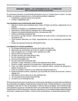 10
Dimensión Espiritual de la Formación
SEGUNDA UNIDAD: LOS FUNDAMENTOS DE LA FORMACIÓN
Ratio Fundamentalis Institutionis Sacerdotalis
En el itinerario formativo, el seminarista permanece como un “misterio para sí mismo”. En este
sentido, se subrayan aspectos de su humanidad que deben integrarse:
	Cualidades y riquezas (dones de la gracia).
	Límites y fragilidades (28).
Los resultados que el seminarista debe alcanzar:
	Sale de sí mismo para orientarse hacia: Cristo, el Padre, los demás, colaborando con el
Espíritu.
	Sintetiza su fortaleza y su debilidad humanas (29).
	Reconduce a Cristo todos los aspectos de su personalidad (29).
	Adquiere consistente libertad para Dios y las personas (29).
	Cultiva la identidad presbiteral (30).
	Se conoce y se deja conocer, relacionándose de modo sincero y transparente con los
formadores (45).
	Tiene buenas relaciones con todos, especialmente con sus compañeros seminaristas
(52).
	Supera las diversas formas de individualismo (52).
Los talentos en el futuro presbítero:
a.	 Se entrega totalmente para el servicio del Pueblo de Dios (39).
b.	 Reproduce los sentimientos de Cristo en relación a la Iglesia (39).
c.	 Ama a la gente con un corazón nuevo, grande, puro (39).
d.	 Cela lo divino con ternura (39).
e.	 Es signo de Dios para cada persona (40).
f.	 Se une íntimamente con Cristo (40).
g.	 Anuncia el Evangelio (40).
h.	 Es instrumento de misericordia (40).
i.	 Conduce, corrige, intercede y cuida la vida espiritual de los fieles.
j.	 Escucha, acoge, responde a las exigencias e interrogantes de los tiempos (40).
k.	 Tiene una sólida formación humana y una madurez interior, ausente de apariencia y
hábitos virtuosos (41).
l.	 Crece en caridad y madurez en las relaciones interpersonales (41).
m.	Posee sinceridad humana y espiritual, que le permite ser hombre de comunión, misión y
diálogo (41).
n.	 Está atento y fiel al cultivo de la vida espiritual (42).
o.	 Es una persona de oración personal (42).
p.	 Es dócil a la voz del Espíritu (42).
El horizonte de la formación ha de tener en cuenta que la naturaleza y la misión de los presbíteros
se comprenden en la Iglesia, Pueblo de Dios, Cuerpo de Cristo, Templo del Espíritu, a cuyo servicio
consagra la vida (Vat. II), (30). El sacerdote no sólo se sitúa en la Iglesia, sino al frente de ella,
como pastores y guías por voluntad de Cristo y en continuidad con la obra de los apóstoles (32).
Está llamado a cultivar dinamismo misionero, ejercitando con humildad el deber pastoral de guía
autorizado, maestro de la Palabra, ministro de los sacramentos, en paternidad espiritual (33).
 